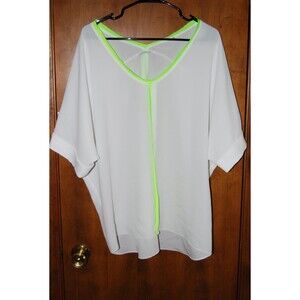 T Tahari White Semi Sheer PullOver  blouse W Florescent Green Trim Size L